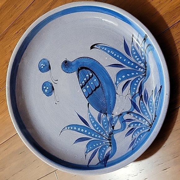 Vtg, Tonala Mexican Folk Art, Large Serving Plate, Bird, Blue, Artist Signed - Picture 3 of 12